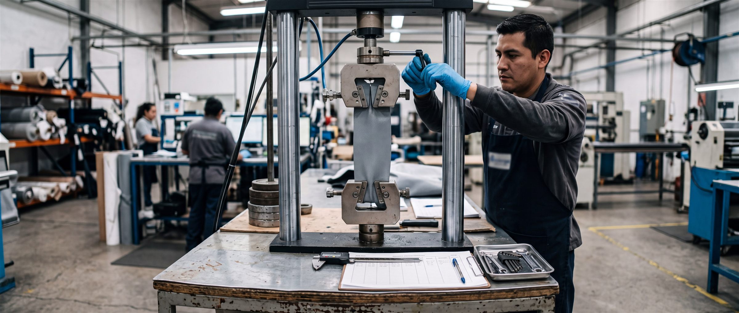 Control de calidad de ARG Carpas ensayando materiales textiles industriales.