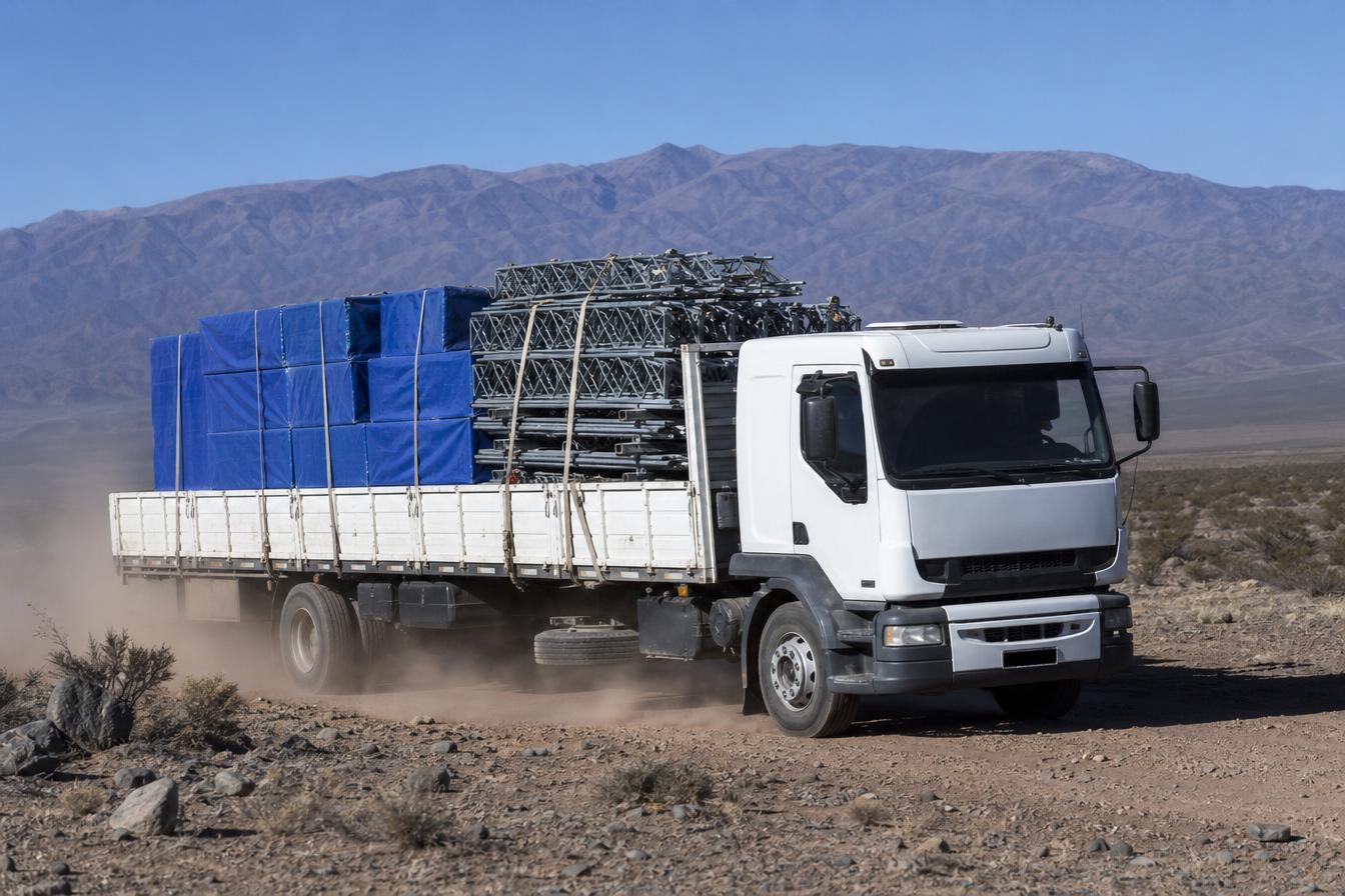 Camión de ARG Carpas en ruta de cordillera hacia operación minera