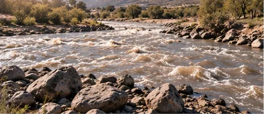 Cauce de río en crecida arrastrando agua barrosa entre rocas.