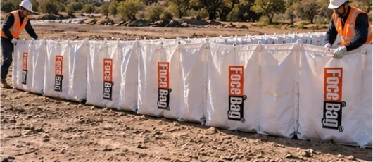 Operarios desplegando y uniendo módulos de ForceBag sobre el terreno.