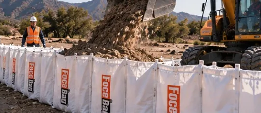 Excavadora rellenando las celdas de una barrera ForceBag con material del terreno.