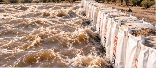 Agua en crecida contenida por una barrera ForceBag.