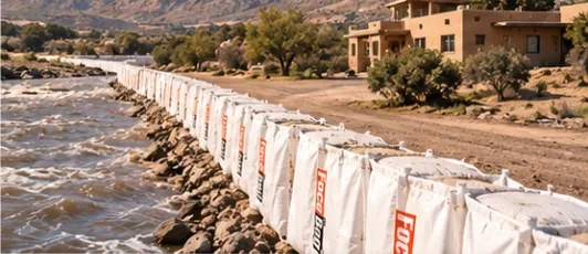 Barrera ForceBag protegiendo viviendas y un camino junto al cauce.