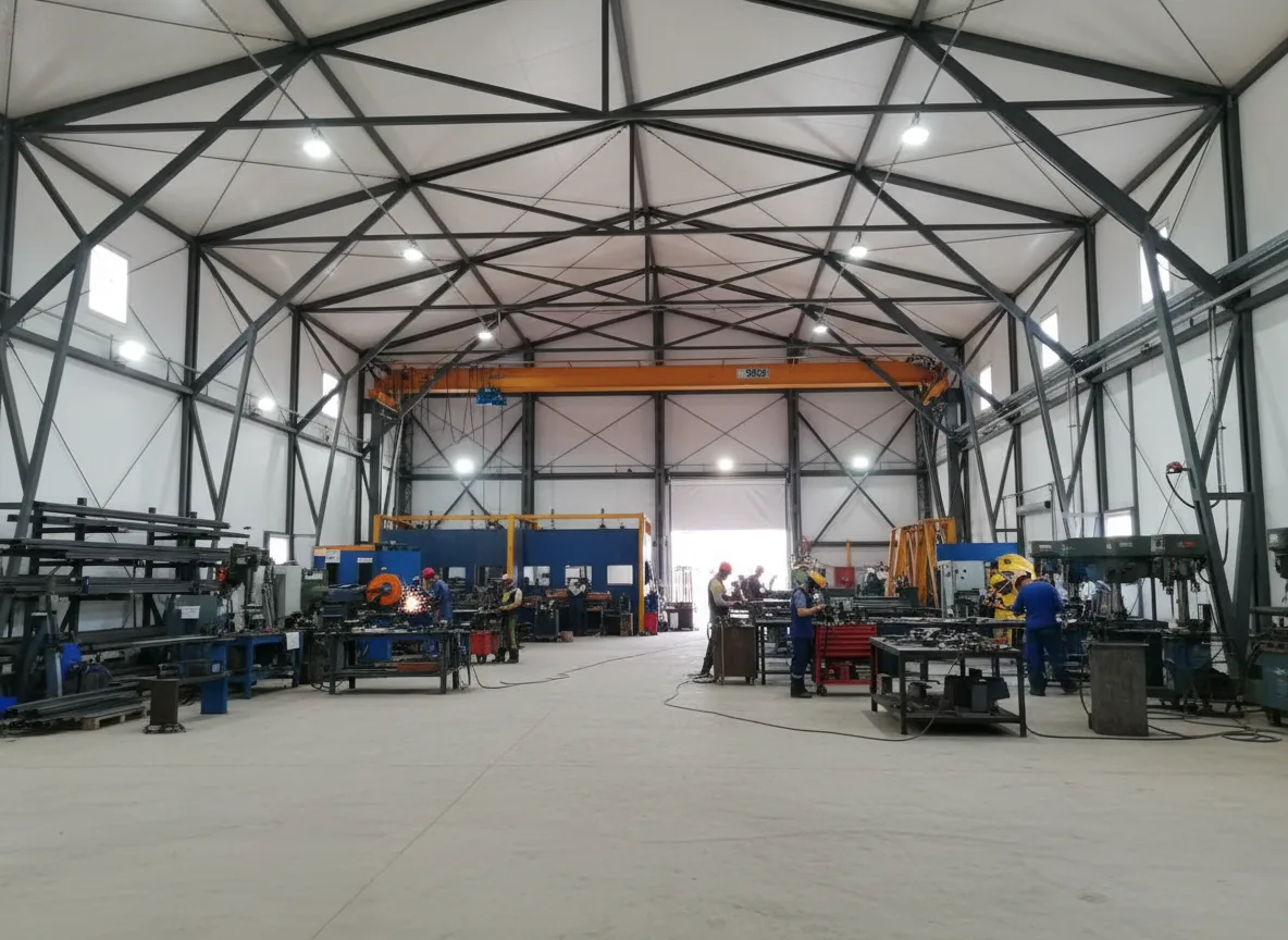 Obra civil de gran escala con obrador modular y galpón de lona tensada.