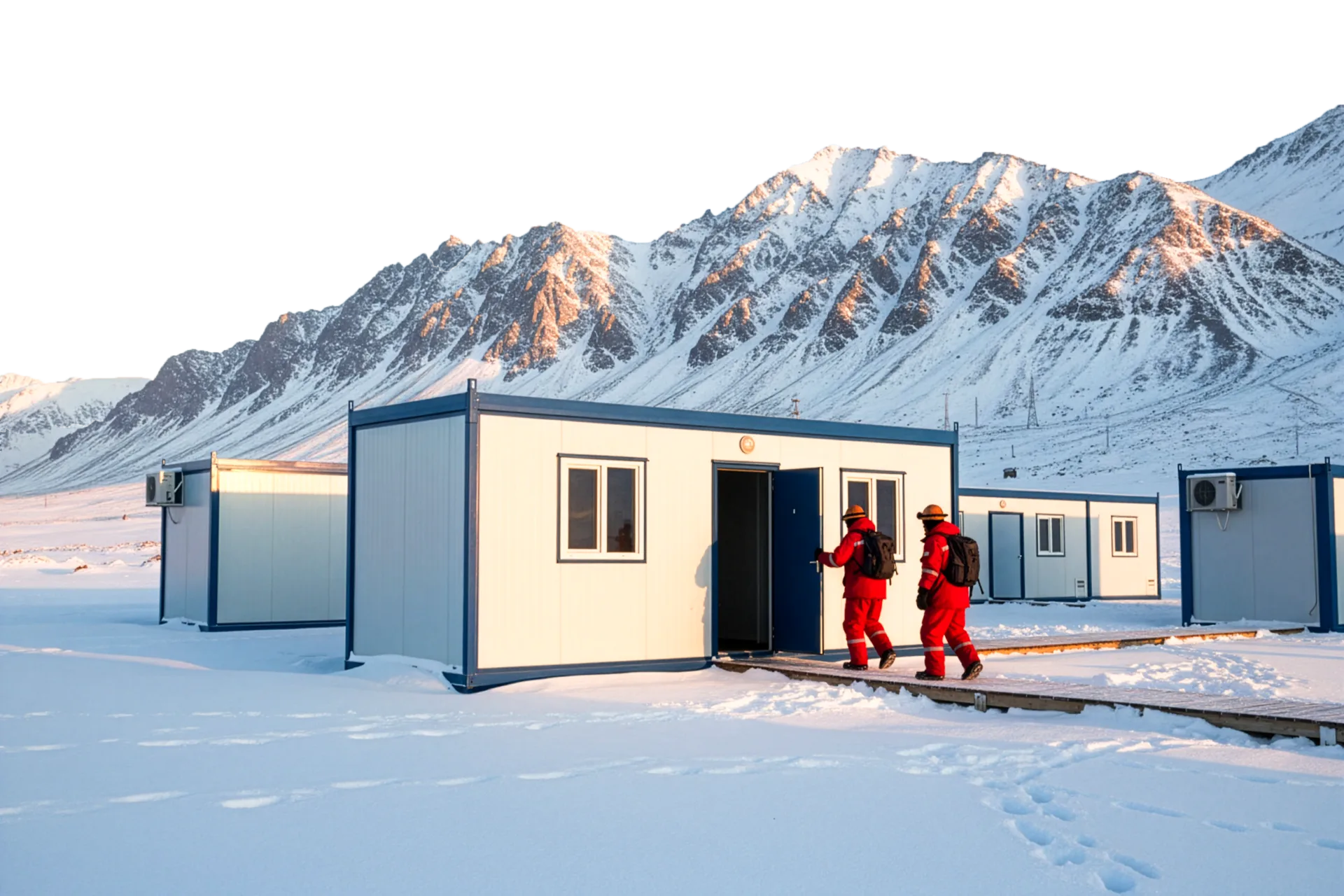 Campamento minero en sitio remoto de montaña con carpas térmicas blancas y módulos habitacionales alineados, cielo despejado de cordillera, fotografía industrial realista panorámica