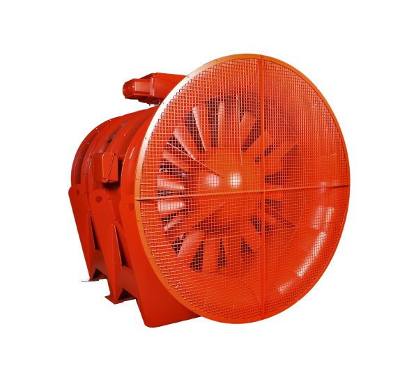 Ventilador axial minero AIRTEC de gran porte instalado en la entrada de un túnel, fotografía industrial realista